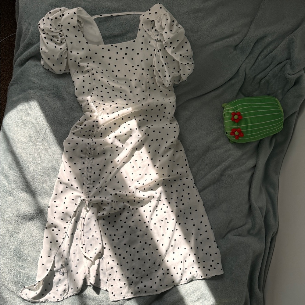 White with black dots women summer dress.